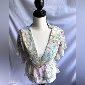 NEW YORK & COMPANY; World map multi-color sheer print top; Size S